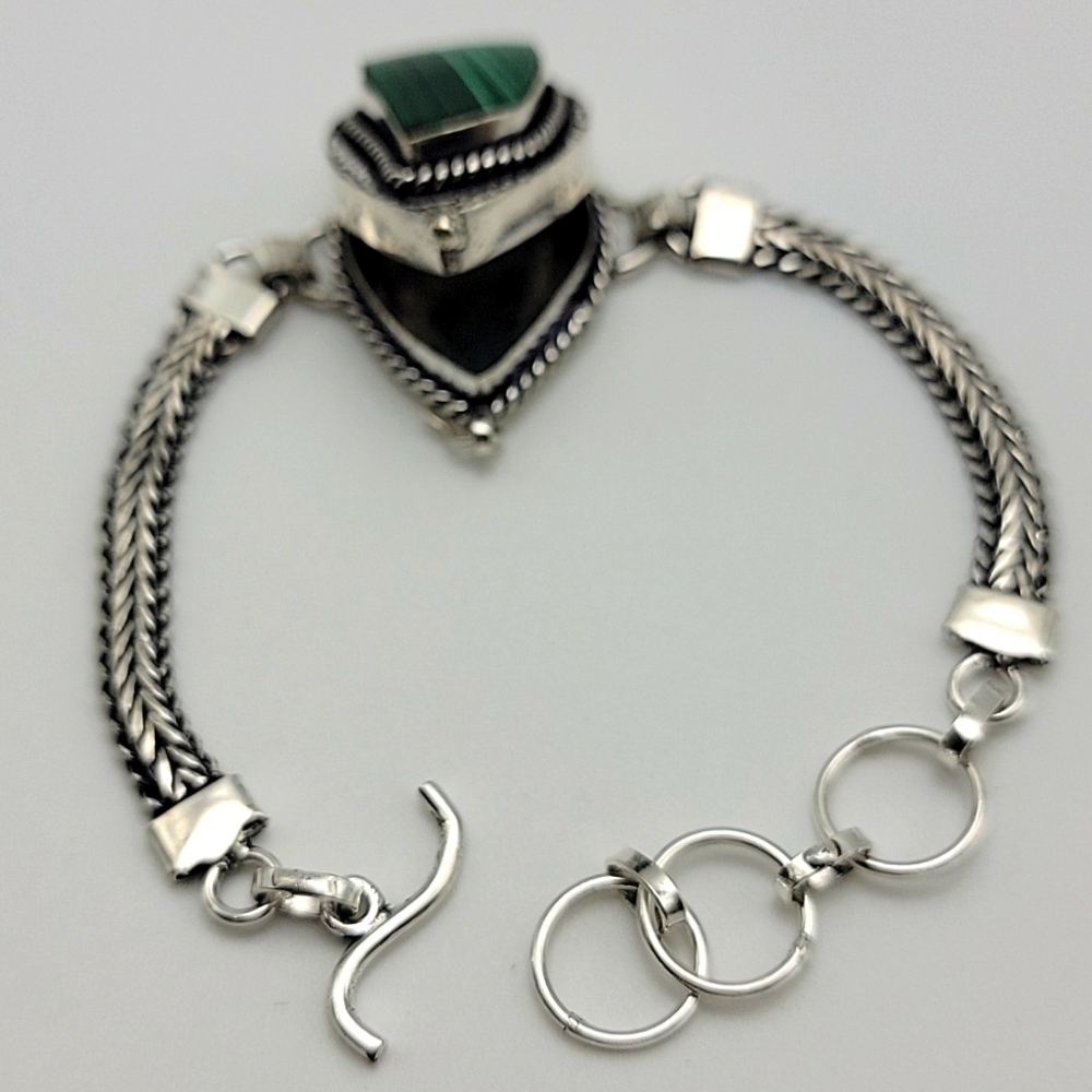 Malachite 925 Silver Plated Poison / Pill Box Bracelet 8.5" Natural Gemstone - Picture 4 of 8